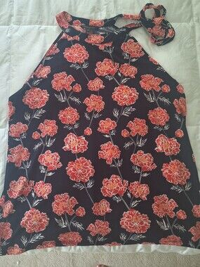 Banana Republic Factory, SZ L, Blue Halter Tank with Red/Coral Floral Print